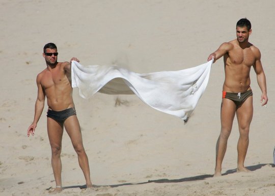 Shirtless Ricky Martin in Speedos bulge action 
